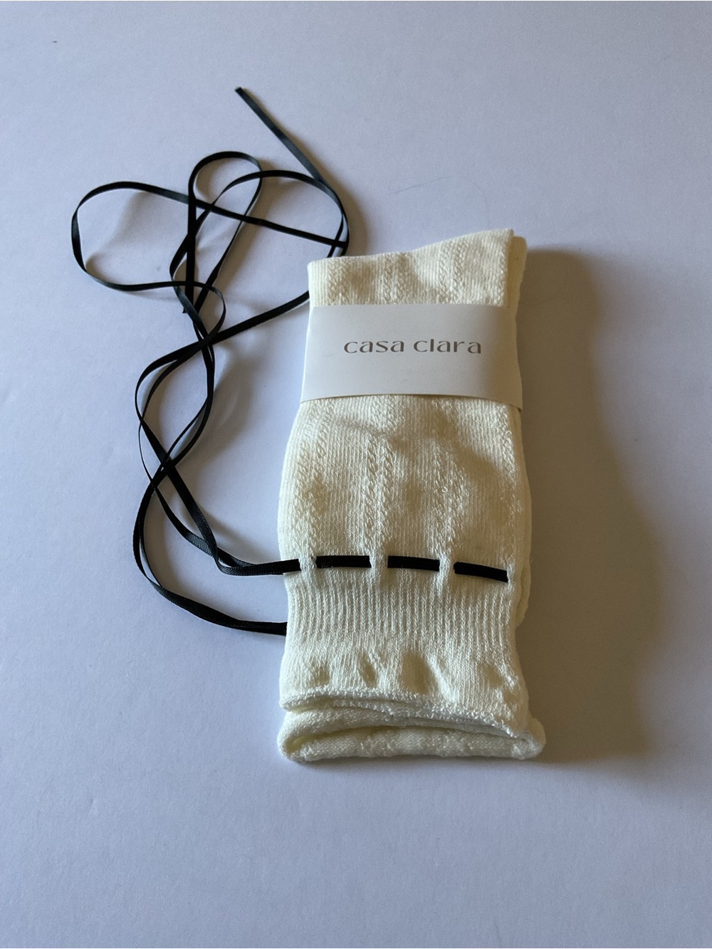CASA CLARA WOMENS PREP SOCK IVORY WITH BLACK RIBBONS OS NWT